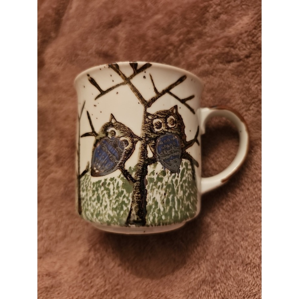 Vintage Hand Painted Speckled Stoneware Mug Pottery Owl Coffee Cup Tea 3.5"